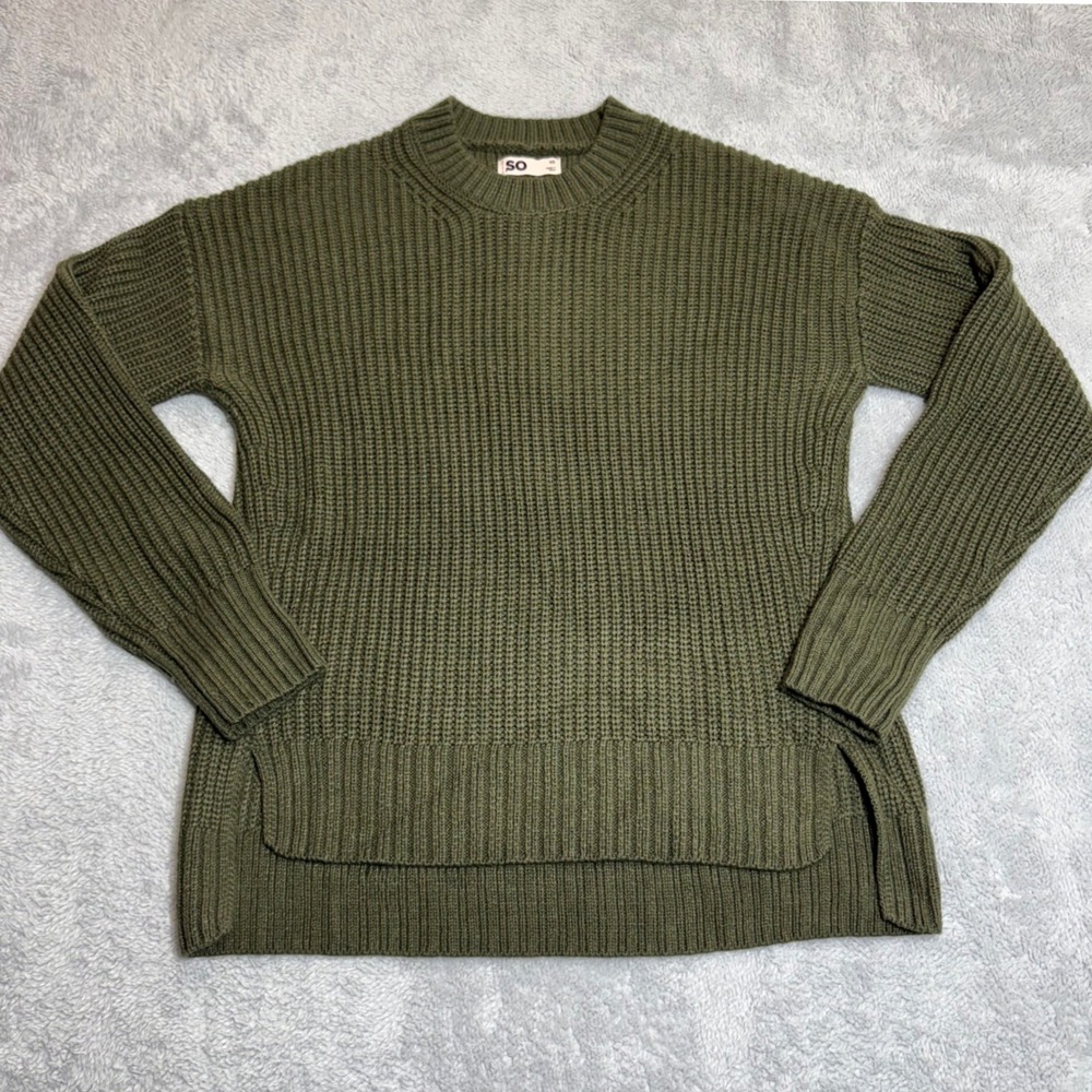 SO Ribbed Knit Sweater Womens XS Olive Green Crew Neck High-Low Pullover Shirt